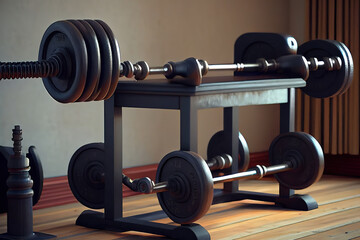 Barbell bench with weight dumbbells in the home. Generative Ai