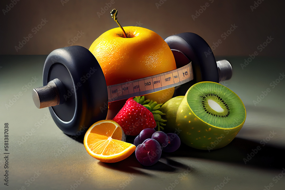 Poster close up of dumbbell, fruits and measuring tape. generative ai