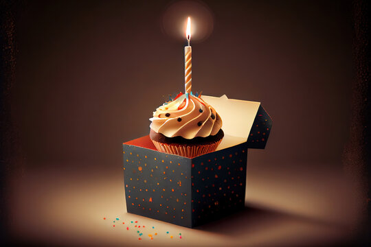 Cupcake with candle and present box celebration theme. Generative Ai