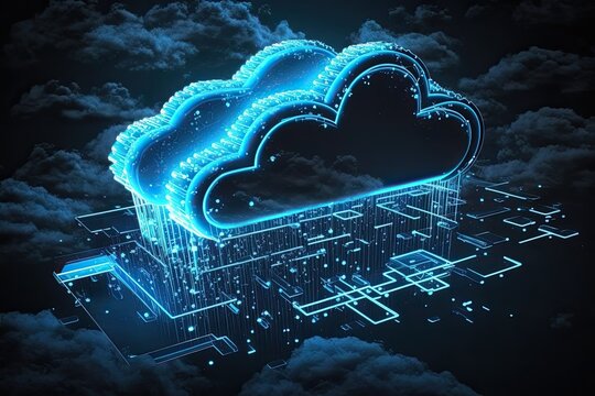 Cloud computing industry, cloud platform. Fog computing is an extension of cloud computing. Blue neon digital cloud. AI generative