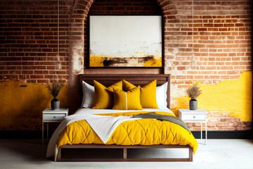 Bedroom in yellow tones with brick walls