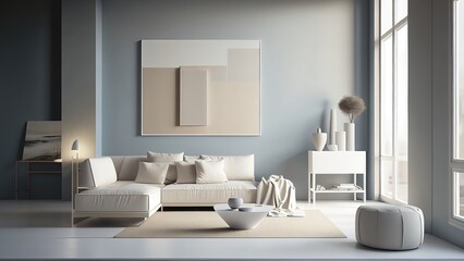Obraz na płótnie Canvas Minimalistic living room interior, photorealistic illustration, Generative AI