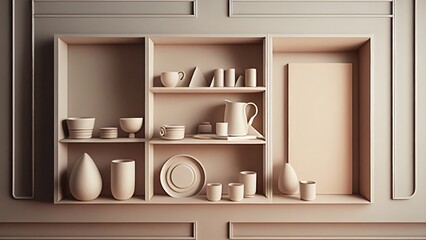 Fototapeta na wymiar abstract kitchen objects on shelves, photorealistic illustration, Generative AI