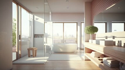 Fototapeta na wymiar Bathroom full of light with the garden view, photorealistic illustration, Generative AI