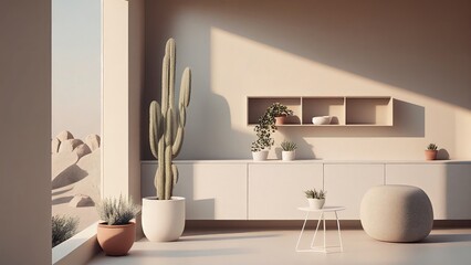 Minimalistic living room interior with the desert view. Photorealistic illustration, Generative AI