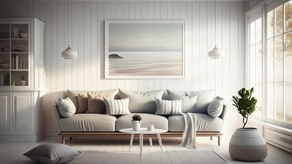 A sunlit living room with a comfortable sofa positioned near a large window that floods the space with natural light. Photorealistic illustration, Generative AI