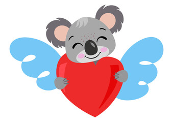 Cute koala holding a red heart with wings