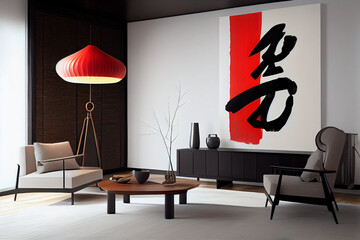 living room with sleek modern furniture and traditional Japanese paper lamps