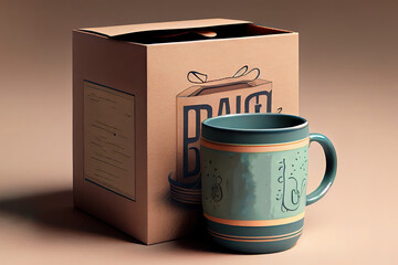 Father's day holiday greeting card.Present box mug. Generative Ai