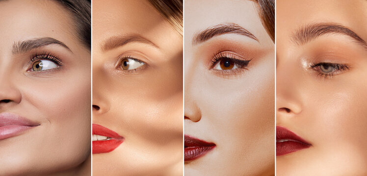 Collage. Close-up side view images of diverse female faces with well-kept smooth skin and makeup. Attractive young girls. Concept of natural beauty, cosmetology and cosmetics, skincare. Banner
