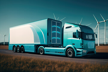 A modern electric semi-truck on a highway with wind turbines in the background, symbolizing sustainable transportation. AI-generated.