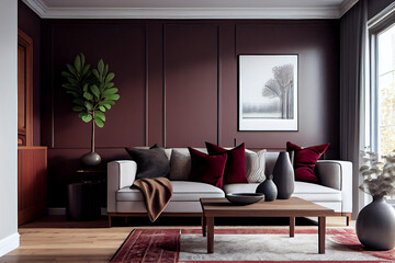 A living room with natural wood tones and a neutral color palette is given a touch of elegance with pops of deep burgundy