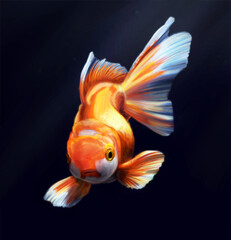 Realistic digital painting of a goldfish. 
Under the water, a bright golden fish on a dark background.