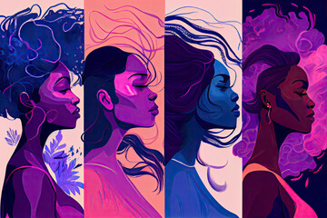 Four BIPOC Pink Blue Purple Abstract Illustration Woman Indigenous People Of Colour