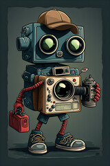 Robot photographer, in a cap and sneakers. Illustration. AI generation.