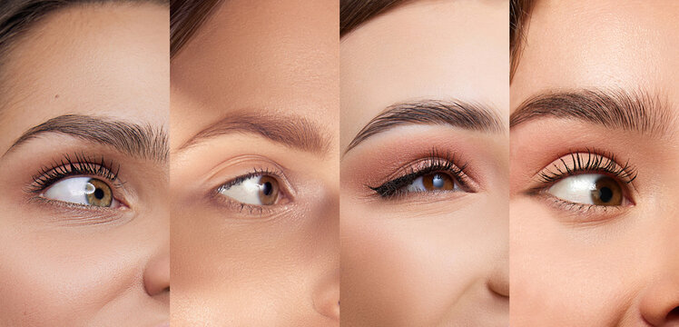 Collage. Close-up images of beautiful female eyes and eyebrows. Smooth glowy skin and nude makeup with mascara. Concept of natural beauty, cosmetology and cosmetics, skincare. Banner