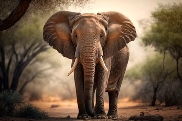Naklejka na ściany i meble Wild Elephant in the African Savannah, generative ai
