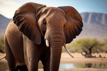 Fototapeta na wymiar A wild Elephant on the edge of a lake in the African Savannah, generative ai