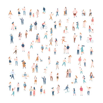 Crowd. City tiny people silhouette background characters. Male and female vector set isolated on white background.