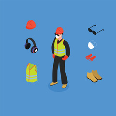Worker with safety equipment 3d isometric vector illustration concept for banner, website, landing page, ads, flyer template