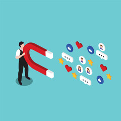 Social media marketing - man with magnet and social media icons 3d isometric vector illustration concept for banner, website, landing page, ads, flyer template - obrazy, fototapety, plakaty