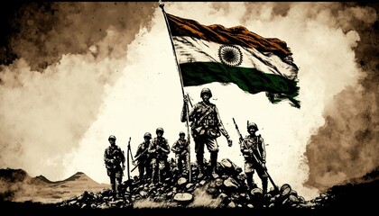 Independence  day india illustration of indian army holding their flag, Generative ai