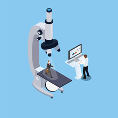 Businessman standing under a microscope being examined 3d isometric vector illustration concept for banner, website, landing page, ads, flyer template