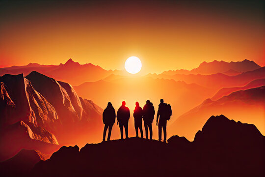 Team success concept photo, friends standing together on the top of the hill, over beautiful mountains landscape in gold sunset light
