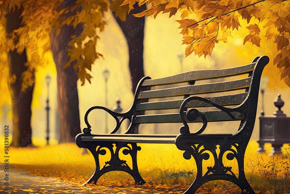 Poster a seat in a park in the fall; a gorgeous backdrop for a contemplative stroll. generative ai