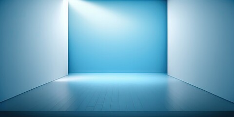 Blue gradient spotlight backdrop for showcasing product/artwork in studio with floor and room perspective, Generative AI