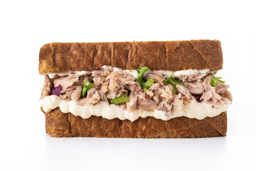 Tuna sandwich with mayo and vegetables isolated on white background
