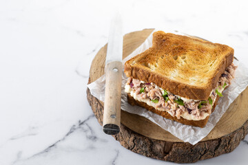 Tuna sandwich with mayo and vegetables on marble background. Copy space