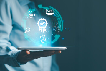 Businesswoman showing award High standards are guaranteed, service quality, Concept on virtual screen. Standards, certification and standardization, satisfaction, service experience.