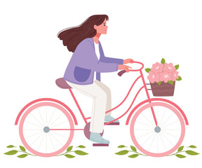 A girl on a retro bicycle with a basket of flowers. Spring illustration in pastel colors. Hand drawn flat illustration.