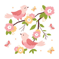 Fairytale birds and butterflies on flower branches. Pastel illustration.Hand drawn flat illustration.