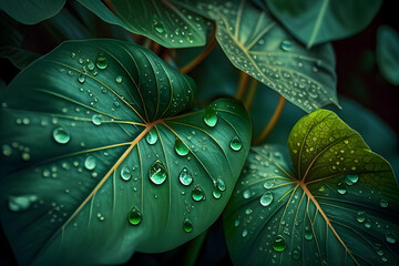 Fototapeta premium Close-up rain drops on the big leaves. Large drops of morning dew in nature. Spring and summer natural background. Generative AI