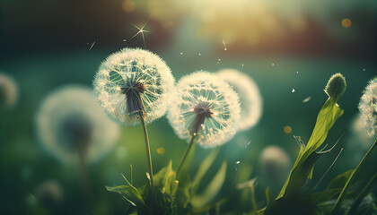Beautiful dandelions on the field with backlight. Spring and summer natural background. Generative AI