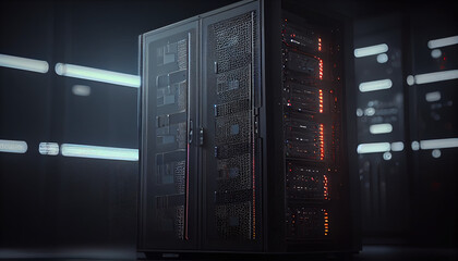 mainframe computer server, digital technology cincept, in dark with lights