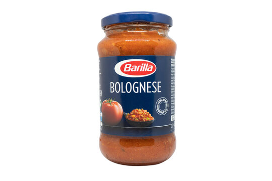 Yerevan, Armenia, March 14, 2023: Barilla Bolognese sauce can standing on white table