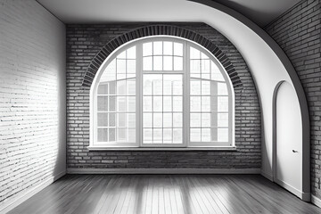 Empty room with arched window and shiplap flooring. Brick wall in loft interior mockup