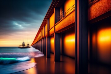 sunset over the sea and a ship ai generative