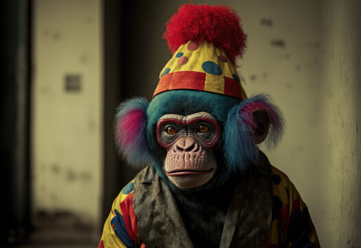 chimpanzee monkey dressed as a clown looking at camera. Generative AI
