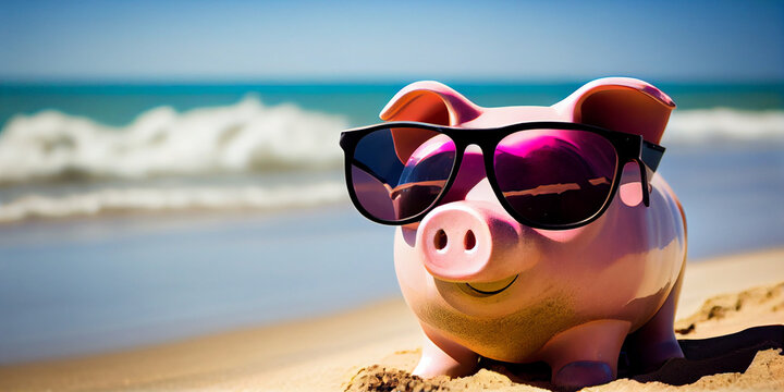 Piggy Bank With Sunglasses On The Beach Holiday. Saving Concept