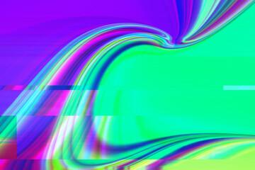 Distorted with Motion glitch effect Abstract purple pink green neon rainbow wavy interlaced digital background. Futuristic striped glitched cyberpunk design Retro rave 90s, 2000s colors aesthetic