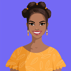 African woman with traditional hairstyle. Portrait of a beautiful black woman. Avatar of a smiling beautiful girl. Cartoon style, vector.