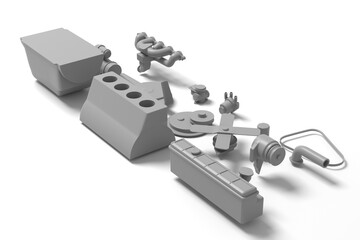 3d illustration. Parts of old car straight inline engine