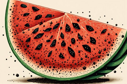 A close-up illustration of a sliced watermelon with juicy red fleash and black seeds.