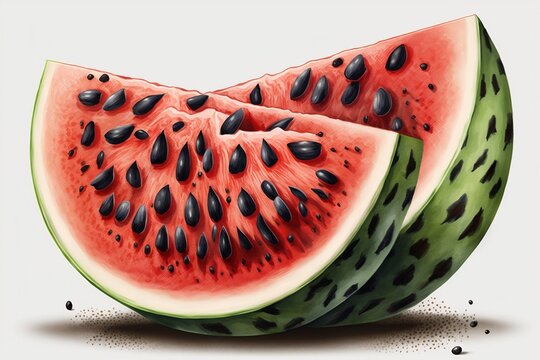 A close-up illustration of a sliced watermelon with juicy red fleash and black seeds.