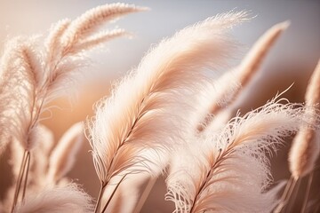 Outdoor pampas grass in soft pastel hues. Wallpaper in the boho style of sunny wheat. Golden, ripe ears in the morning sunshine. Light and airy nature banner. Image for a boho wedding invitation. Mood