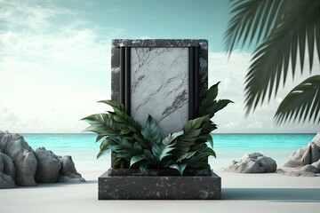 podium made of natural stone and concrete on a beach in a tropical region. Empty display cabinet for packaging products A setting with green leaves serves as the background for cosmetic items. Make a